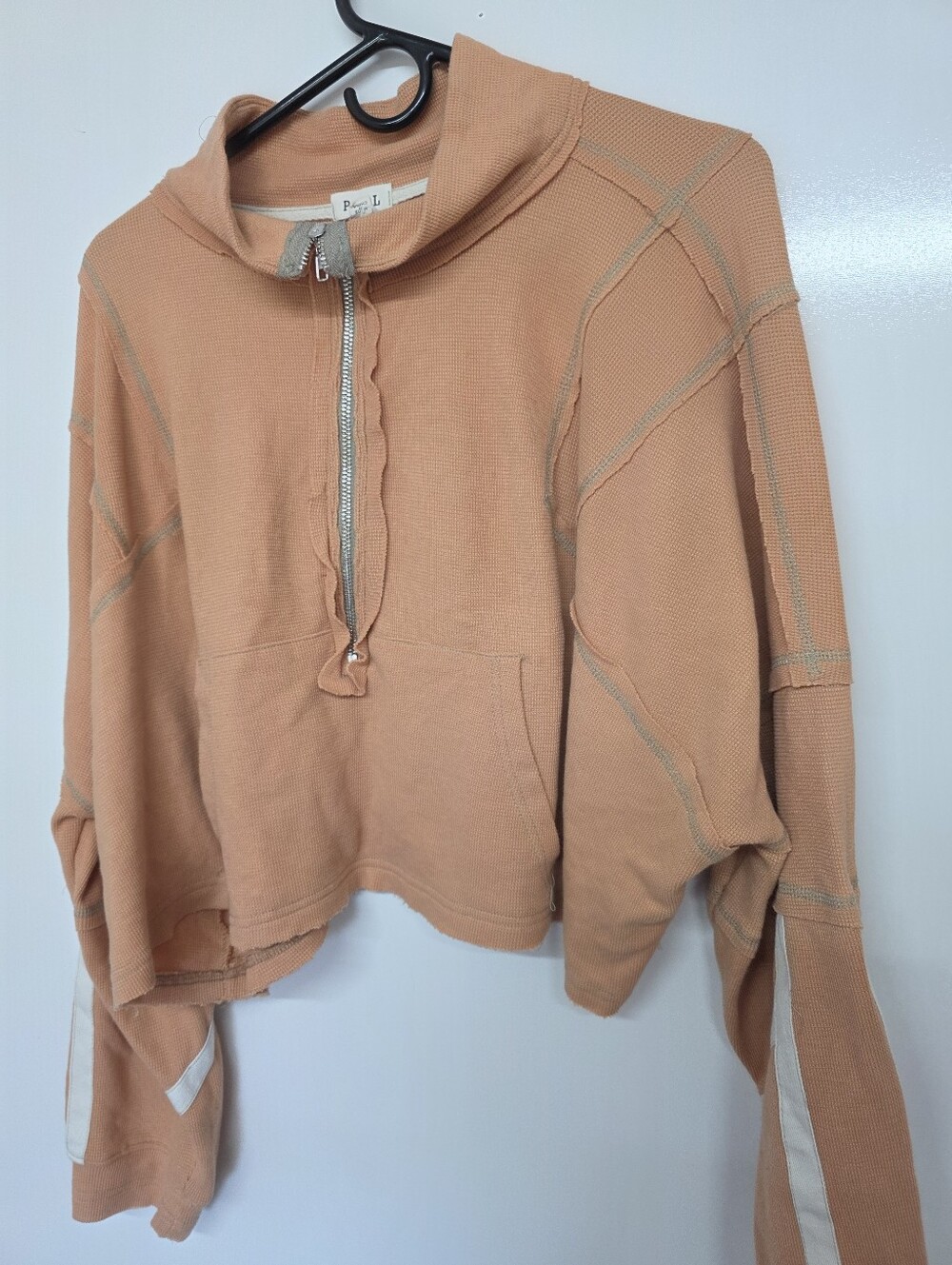 POL Womens High Neck Cropped Thermal 1/2 Zipper Pullover Exposed Stitching L